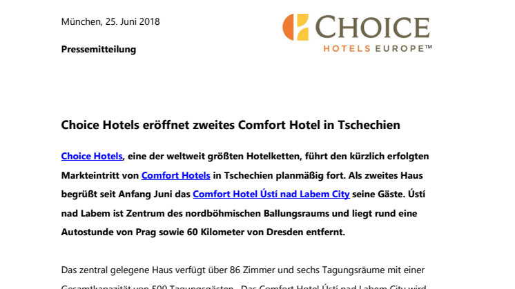 Choice Hotels eröffnet zweites Comfort Hotel in Tschechien 