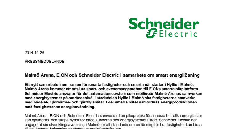 Malmö Arena, E.ON och Schneider Electric i samarbete om smart energilösning