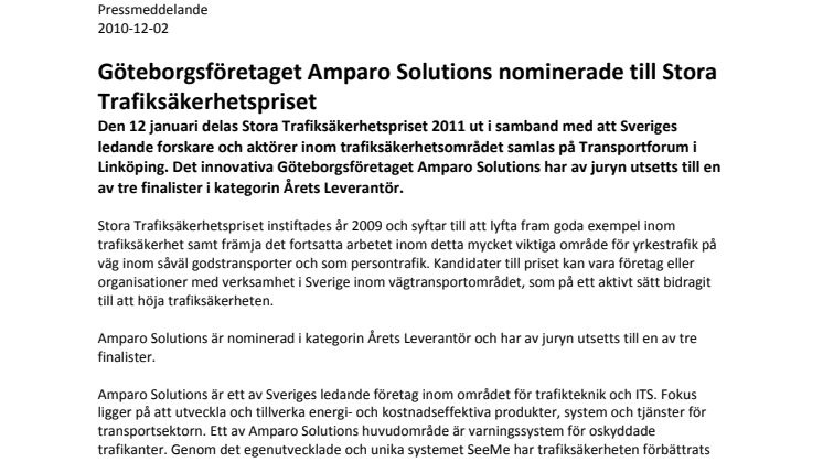Göteborgsföretaget Amparo Solutions nominerade till Stora Trafiksäkerhetspriset