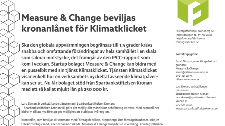 Measure & Change beviljas kronanlånet för Klimatklicket