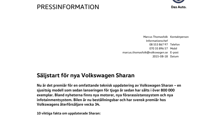 Säljstart för nya Volkswagen Sharan