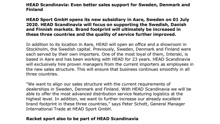 HEAD Scandinavia: Even better sales support for Sweden, Denmark and Finland