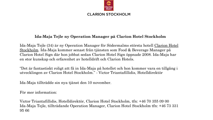 Ida-Maja Tejle ny Operation Manager på Clarion Hotel Stockholm