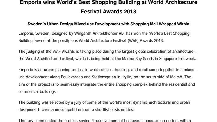 Emporia wins World’s Best Shopping Building at World Architecture Festival Awards 2013