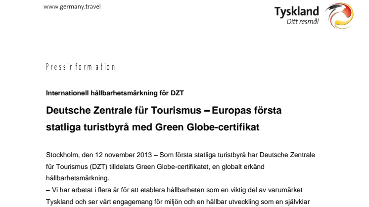Deutsche Zentrale für Tourismus – Europas första statliga turistbyrå med Green Globe-certifikat