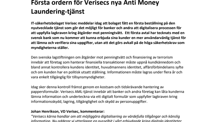 Första ordern för Verisecs nya Anti Money Laundering-tjänst