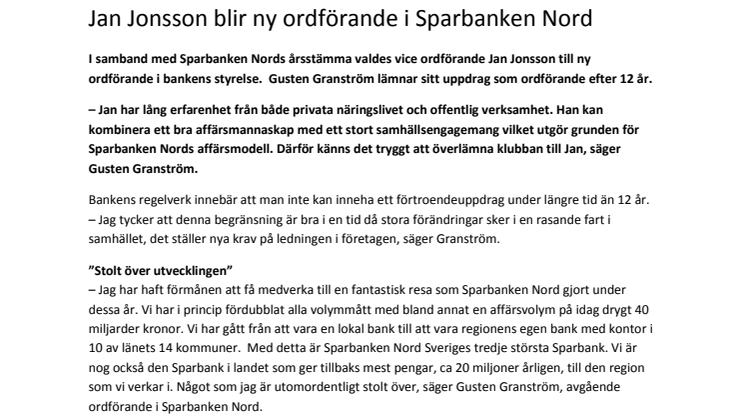 Jan Jonsson blir ny ordförande i Sparbanken Nord