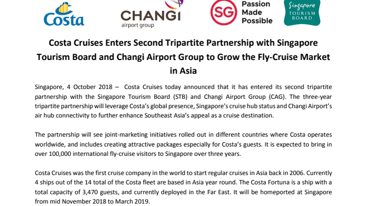 Costa Cruises Enters Second Tripartite Partnership with Singapore Tourism Board and Changi Airport Group to Grow the Fly-Cruise Market in Asia
