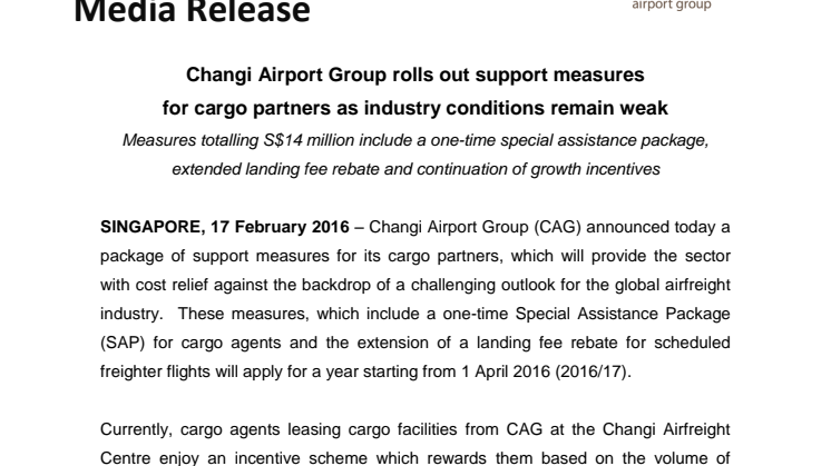 Changi Airport Group rolls out support measures  for cargo partners as industry conditions remain weak