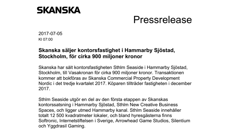 Skanska säljer kontorsfastighet i Hammarby Sjöstad, Stockholm, för cirka 900 miljoner kronor