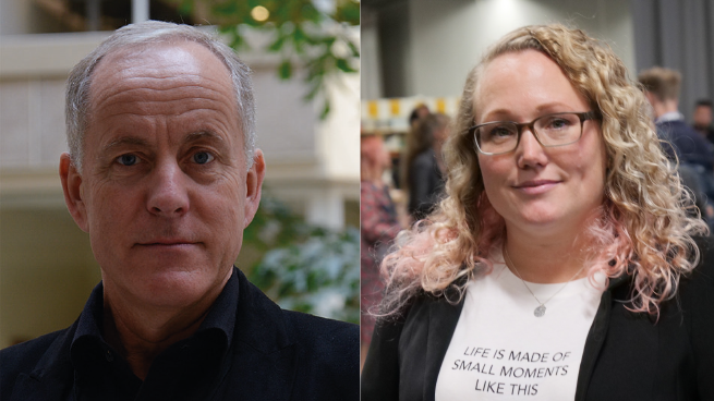 Camilla Askebäck Diaz, lärare på Södermalmsskolan i Stockholm och Guldäpplepristagare 2019 och Åke Grönlund, professor Örebro universitet och medlem i Guldäpplets jury.