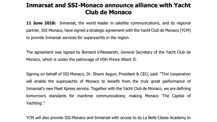 Inmarsat and SSI-Monaco announce alliance with Yacht Club de Monaco
