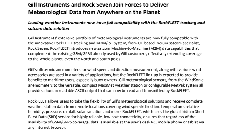 Rock Seven: Gill Instruments and Rock Seven Join Forces to Deliver Meteorological Data from Anywhere on the Planet