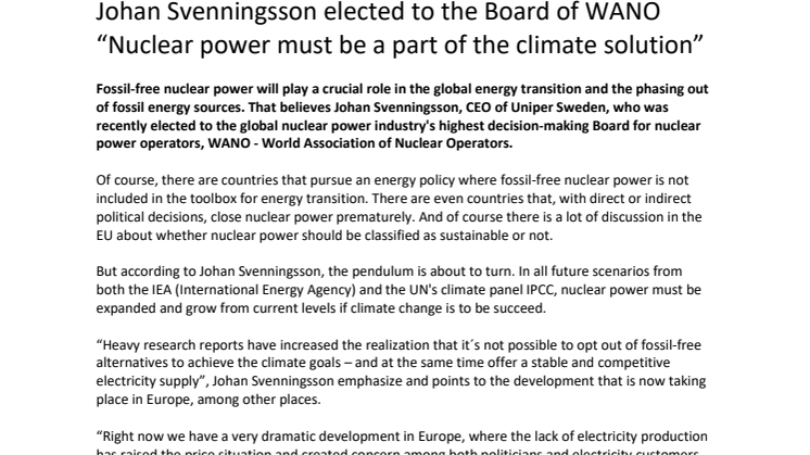 Johan Svenningsson elected to the Board of WANO - “Nuclear power must be a part of the climate solution”