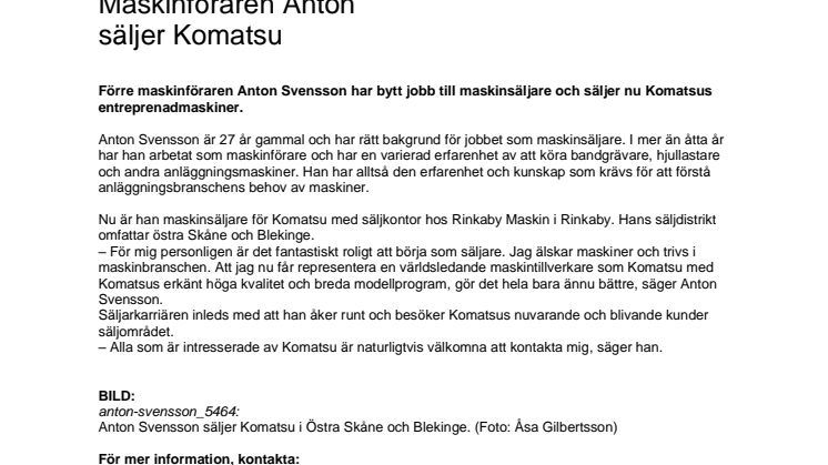 Anton Svensson ny säljare av Komatsu