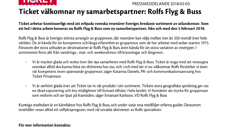 Ticket välkomnar ny samarbetspartner: Rolfs Flyg & Buss