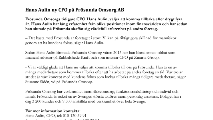 Hans Aulin ny CFO på Frösunda Omsorg AB