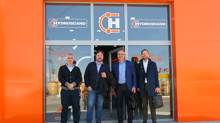 Fr.v. Roin Gigiberia (VD Hydroscand Georgien), Arne Kukin (VD Hydroscand Armenien), Kalle Solba, (global etableringschef på Hydroscand Group) och Patrik Tidebrant (Chief Business Development Officer på Hydroscand Group)