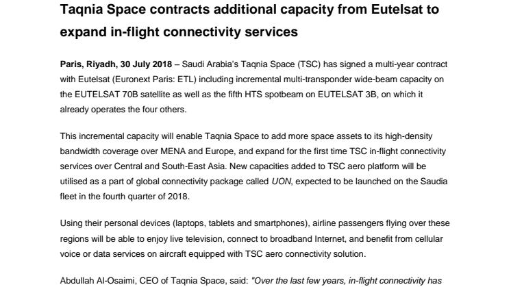 Taqnia Space contracts additional capacity from Eutelsat to expand in-flight connectivity services 