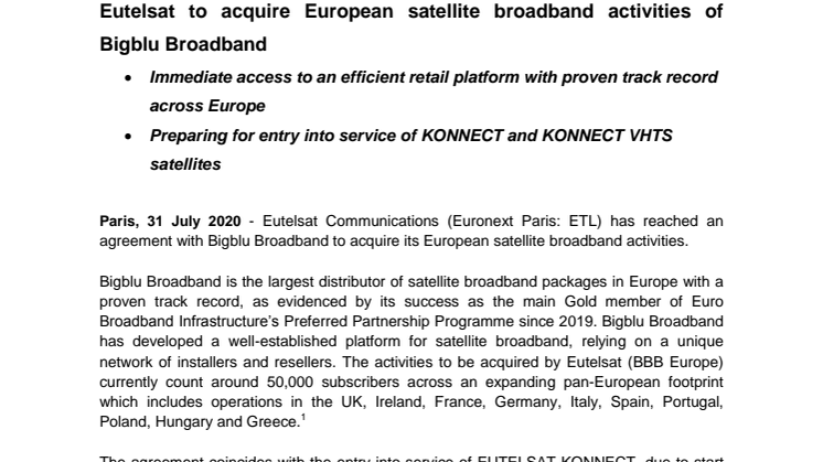 Eutelsat to acquire European satellite broadband activities of Bigblu Broadband 