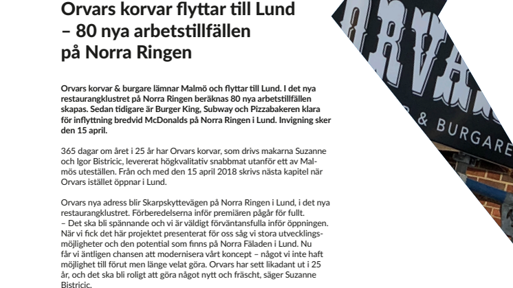 Orvars korvar flyttar till Lund  – 80 nya arbetstillfällen på Norra Ringen
