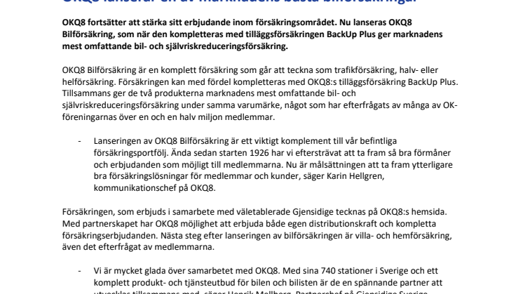 OKQ8 lanserar en av marknadens bästa bilförsäkringar