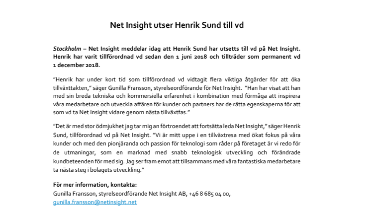 Net Insight utser Henrik Sund till vd