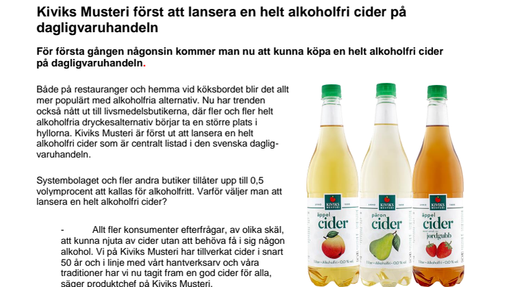 Kiviks Musteri först att lansera en helt alkoholfri cider på dagligvaruhandeln 