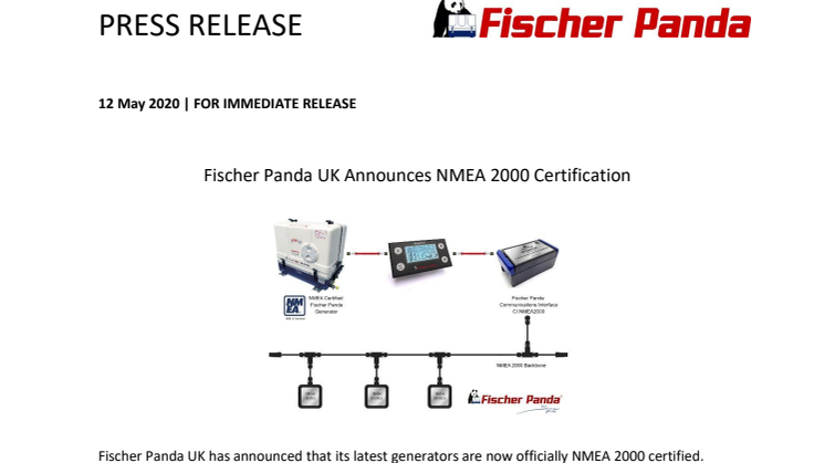 Fischer Panda UK Announces NMEA 2000 Certification