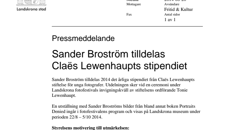Sander Broström tilldelas Claës Lewenhaupts stipendiet 