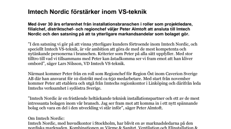 Imtech Nordic förstärker inom VS-teknik