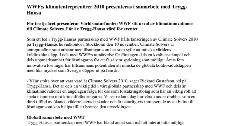 WWF:s klimatentreprenörer 2010 presenteras i samarbete med Trygg-Hansa