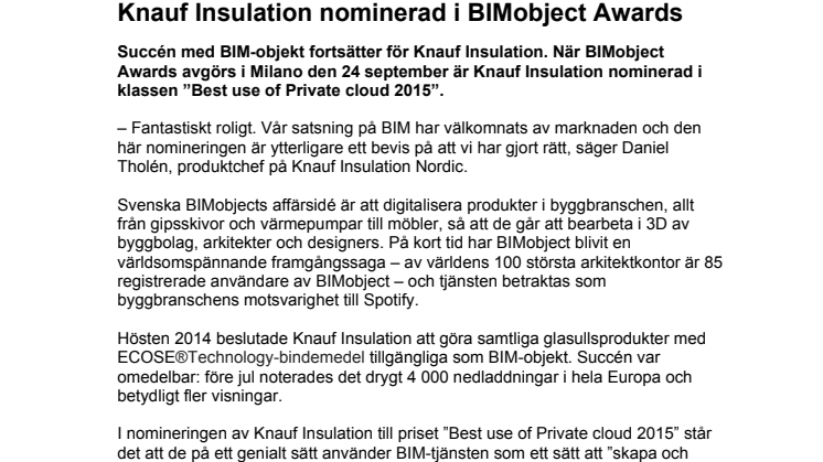 Knauf Insulation nominerad i BIMobject Awards