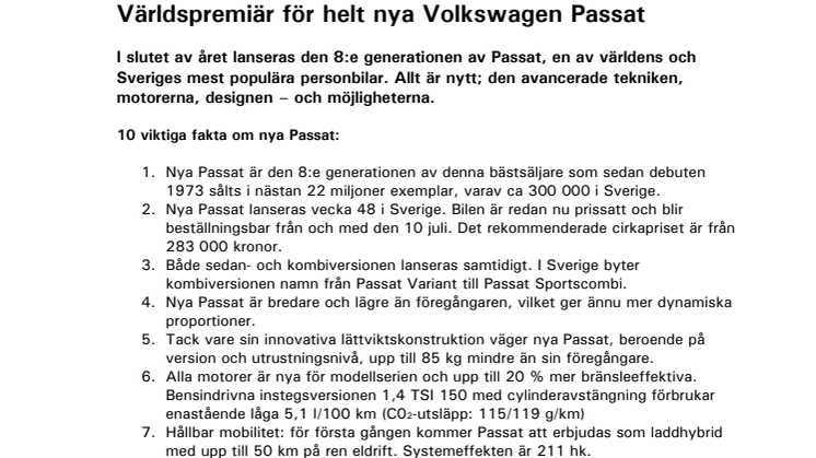 Världspremiär för helt nya Volkswagen Passat