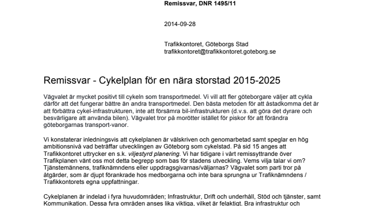 Remissvar - Cykelplan för en nära storstad 2015-2025