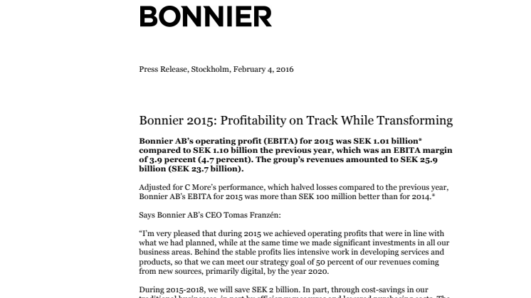 Bonnier 2015: Profitability on Track While Transforming