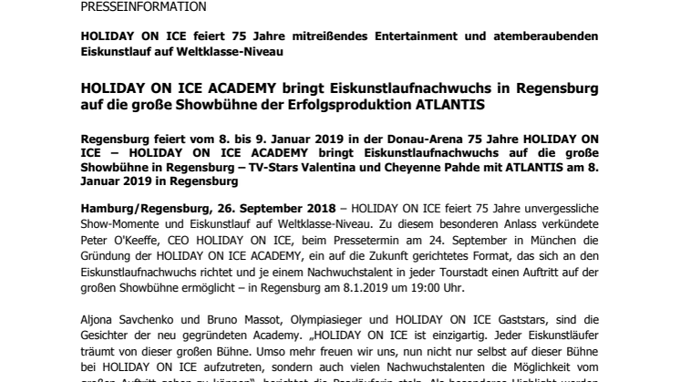 HOLIDAY ON ICE ACADEMY bringt Eiskunstlaufnachwuchs in Regensburg auf die große Showbühne der Erfolgsproduktion ATLANTIS