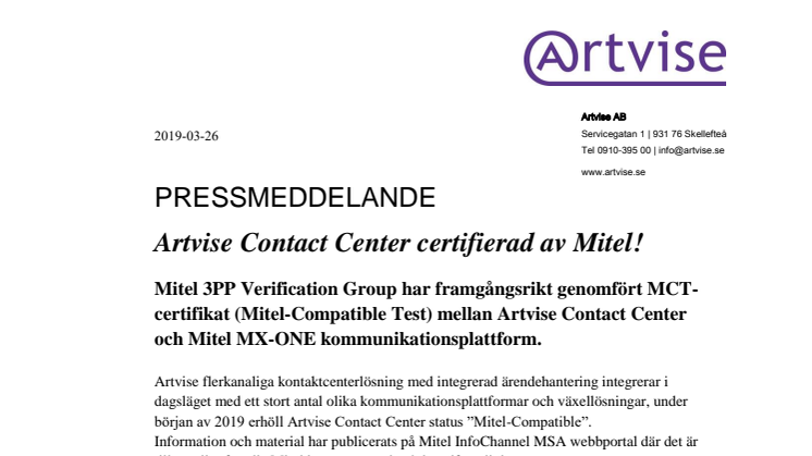 Artvise Contact Center certifierad av Mitel!