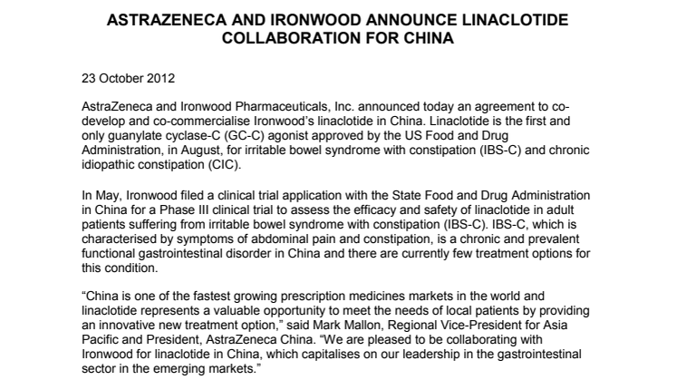 AstraZeneca och Ironwood inleder samarbete om linaklotid i Kina