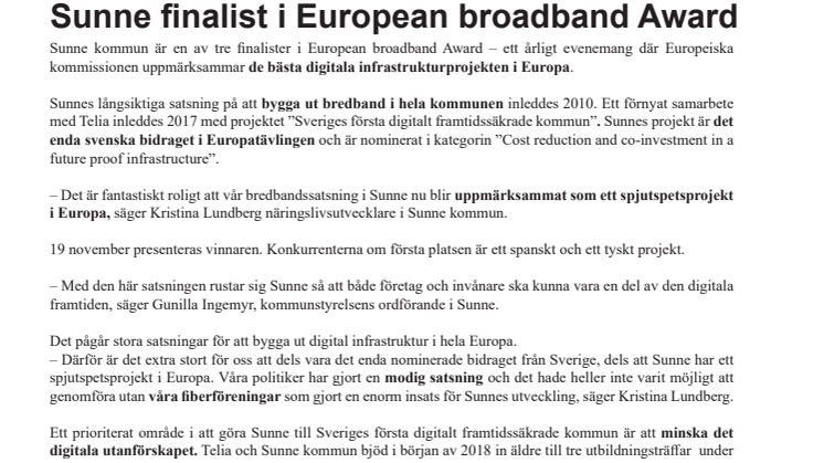 Sunne finalist i European broadband Award