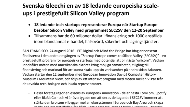 Svenska Gleechi en av 18 europeiska framtidsföretag i prestigefullt Silicon Valley program 