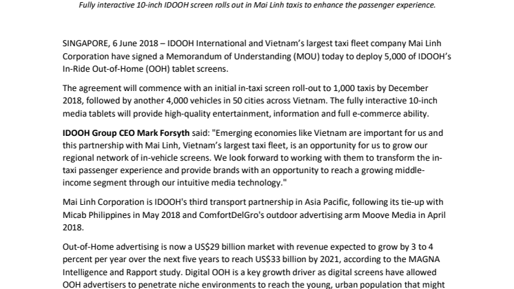 IDOOH and Vietnam’s Mai Linh Corporation to jointly deploy 5000 in-taxi entertainment screens 