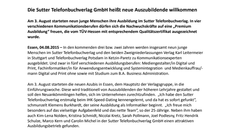 Die Sutter Telefonbuchverlag GmbH heißt neue Auszubildende willkommen