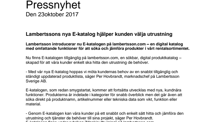 Lambertssons nya E-katalog hjälper kunden välja utrustning