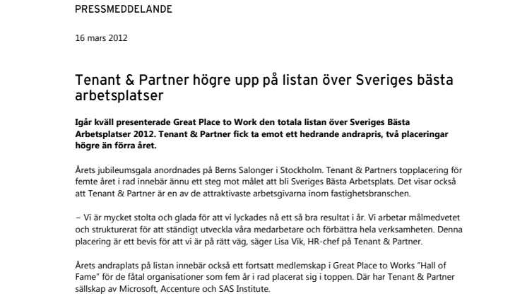 Tenant & Partner högre upp på listan över Sveriges bästa arbetsplatser