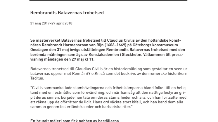 Pressvisning: Rembrandts Batavernas trohetsed återvänder till Sverige och visas i Göteborg 