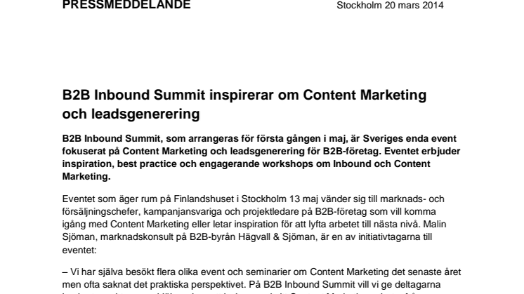 B2B Inbound Summit 2014 - inspireras och lär om Content Marketing och Inbound Marketing