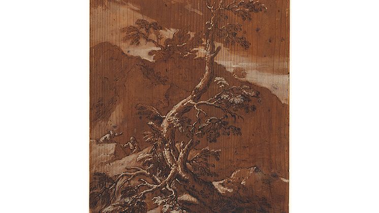 Salvator Rosa, Bergigt landskap med träd och två figurer, blyerts och tusch med förhöjningar i vitt på pannå, 61,1 x 39,9 cm.