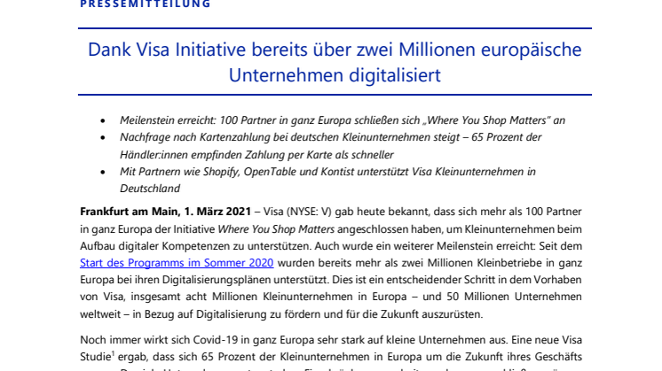 Dank Visa Initiative bereits über zwei Millionen europäische Unternehmen digitalisiert