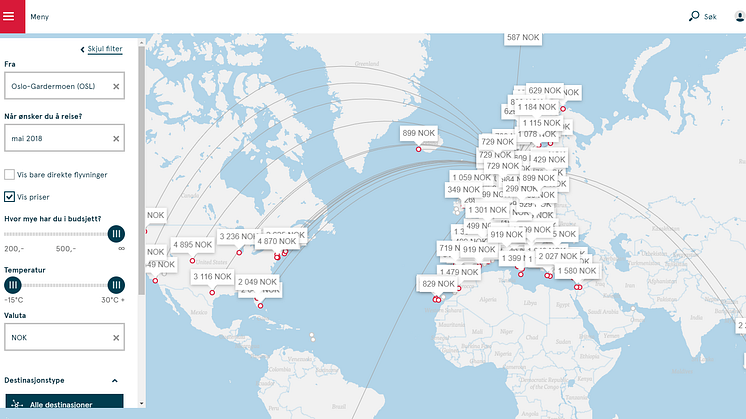 Norwegians digitale rutekart viser destinasjoner basert på temperatur. 